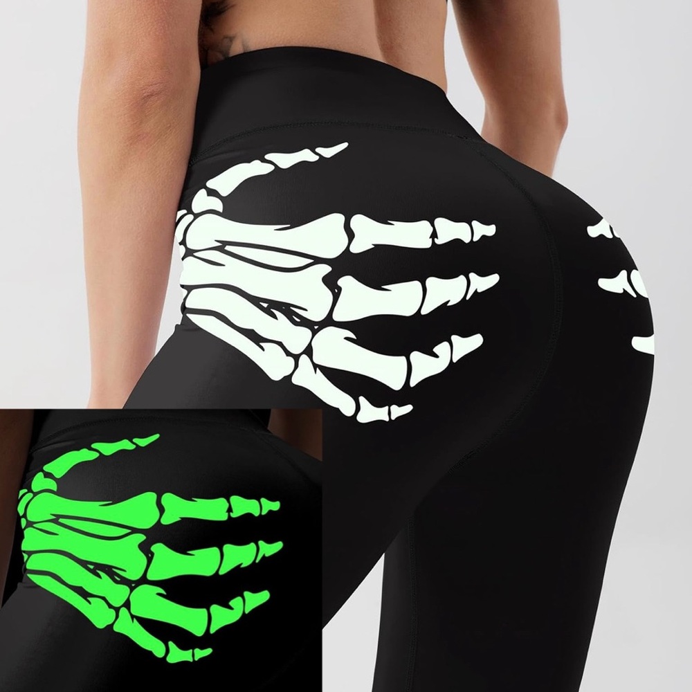 Glow Skeleton Hand High-Waist Leggings - Black